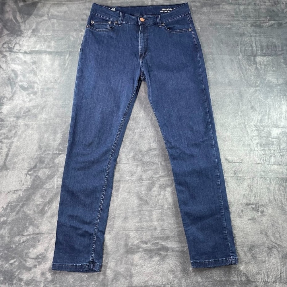 Mugsy Studio Blue Jeans Mens 34x32 Fits 32x31 Blue Medium Wash Straight Stretch